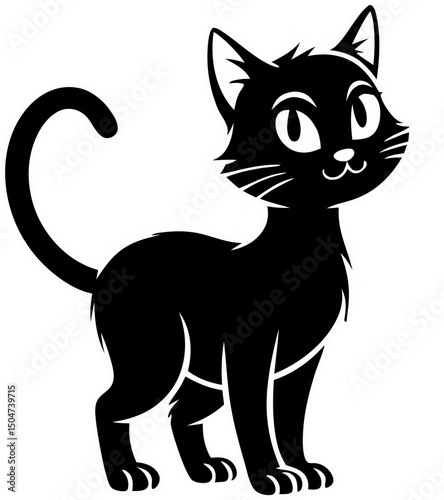 Smiling Black Cat with White Outline - Cartoon Style