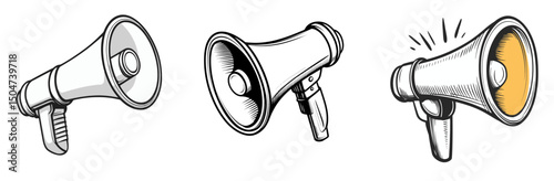 Various isolated line icons of megaphones in different styles showcasing sound amplification and communication methods