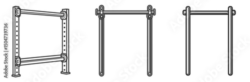 Detailed line icon set of a gym exercise equipment rack showcasing various angles and configurations for fitness enthusiasts