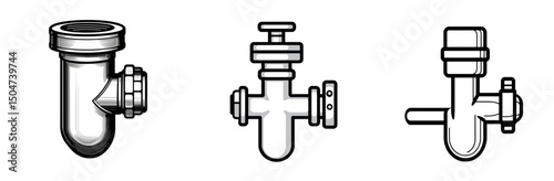 Collection of plumbing icon designs showcasing various pipe and valve configurations for installation and repair purposes