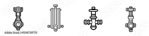 Detailed line icons of various types of valves on a plain background designed for industrial and engineering applications