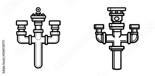 Detailed line icon set of plumbing fixtures, showcasing essential connections and components for effective water management systems