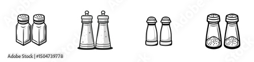 Salt and pepper shaker icons displayed in a line on a white background for culinary design and illustration purposes