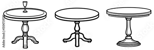 Three distinct line drawings of circular tables showcasing different designs and styles