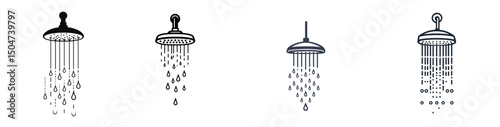 Stylized line icons representing different shower types, including traditional, rain, and handheld designs
