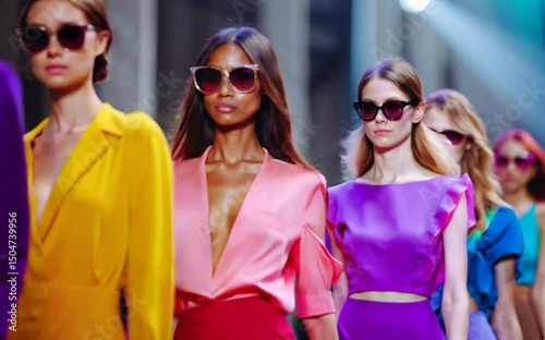 A group of women are walking down a runway wearing colorful outfits. Scene is vibrant and lively, with the bright colors of the outfits