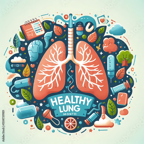 Healthy lung month is observed every year in october. Vector illustration on the theme of Healthy lung month banner, greeting card, poster with healthy lungs.