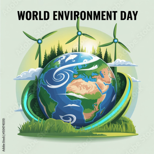 World Environment Day Poster. Earth globe and environmentally friendly power making turbines. Ecological concept. Vector illustration.
