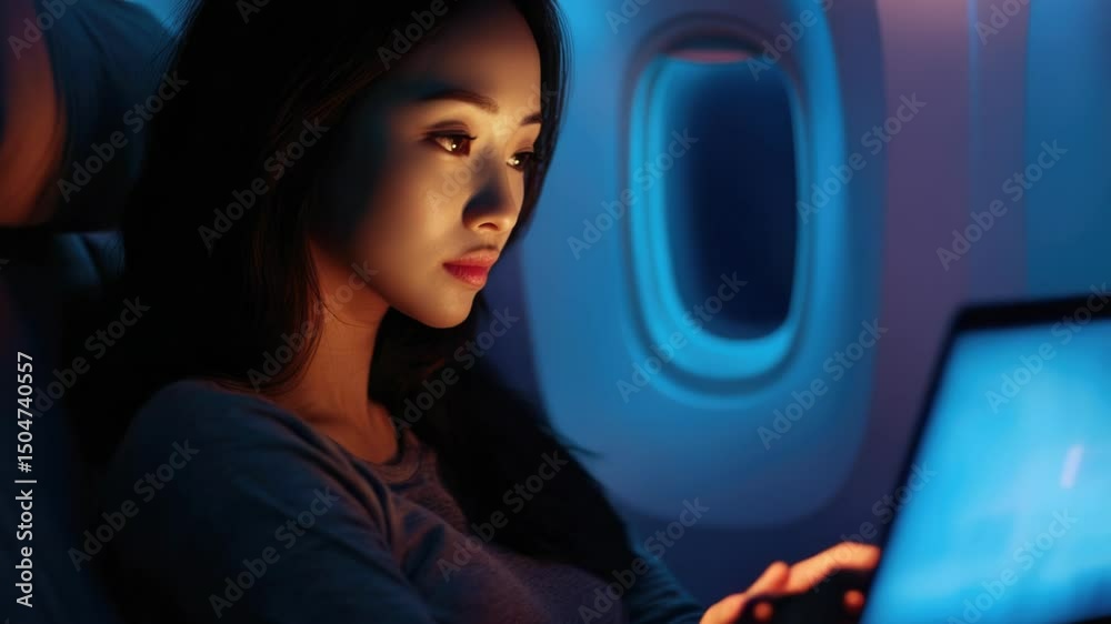Woman working on her laptop during flight