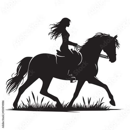 Silhouette of a person riding a horse, editable vector image