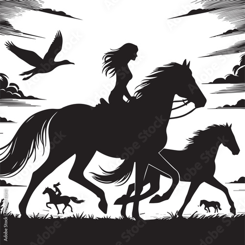Silhouette of a person riding a horse, editable vector image