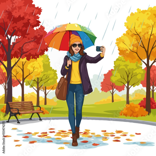 Young Hipster Woman Walking in Autumn Park with Umbrella, Taking Selfie, Vector Illustration