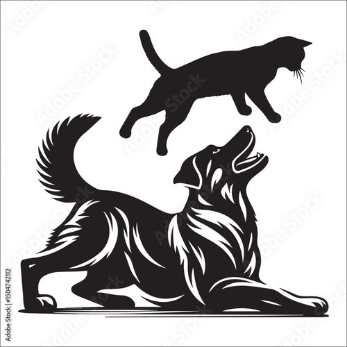 Friendly dog and cat silhouettes in a dynamic pose | A bold, black and white silhouette illustration of a dog and a cat.