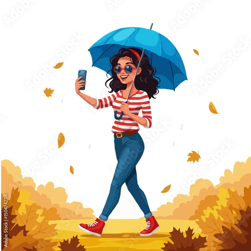 Young Hipster Woman Walking in Autumn Park with Umbrella, Taking Selfie, Vector Illustration