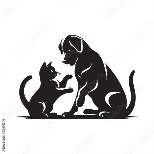 Friendly dog and cat silhouettes in a dynamic pose | A bold, black and white silhouette illustration of a dog and a cat.