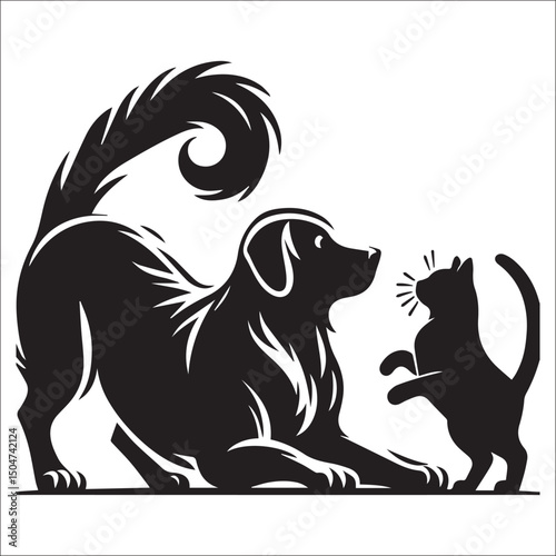 Friendly dog and cat silhouettes in a dynamic pose | A bold, black and white silhouette illustration of a dog and a cat.
