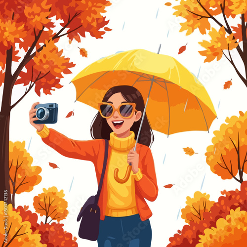 Young Hipster Woman Walking in Autumn Park with Umbrella, Taking Selfie, Vector Illustration