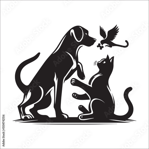 Friendly dog and cat silhouettes in a dynamic pose | A bold, black and white silhouette illustration of a dog and a cat.