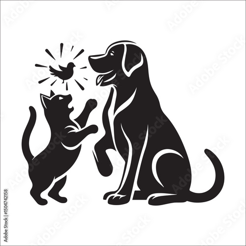 Friendly dog and cat silhouettes in a dynamic pose | A bold, black and white silhouette illustration of a dog and a cat.
