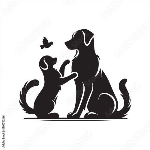 Friendly dog and cat silhouettes in a dynamic pose | A bold, black and white silhouette illustration of a dog and a cat.