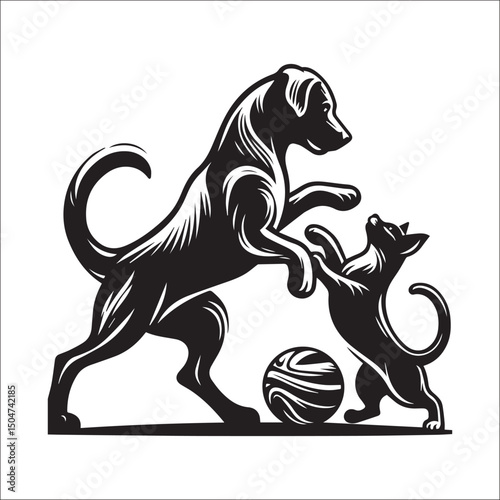 black and white dog and cat playing vector