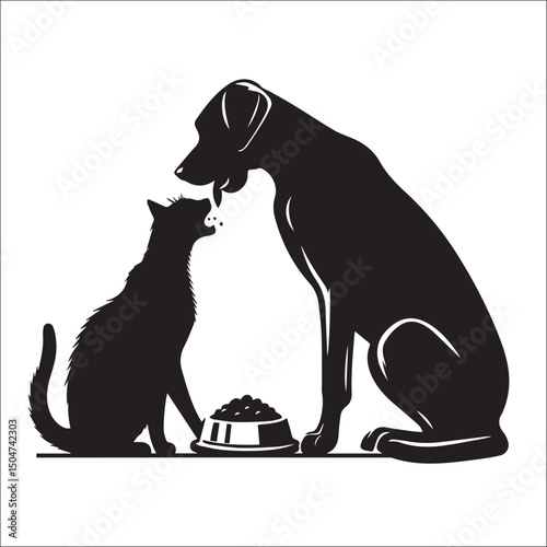 Friendly pets sharing a meal in silhouette.| A simple, elegant silhouette design of a cat and dog sharing a food bowl.