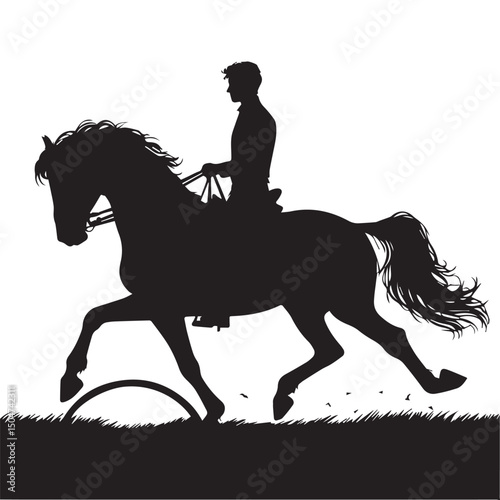Silhouette of a person riding a horse, editable vector image