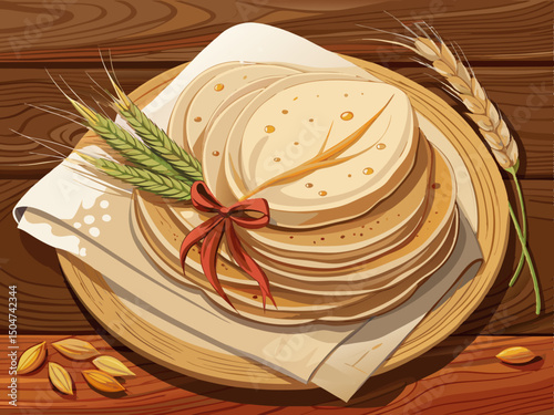 vector of Stack of homemade whole wheat flour tortillas on a paper napkin, and a bunch of wheat ears tied with knave next to the breads on a wooden background