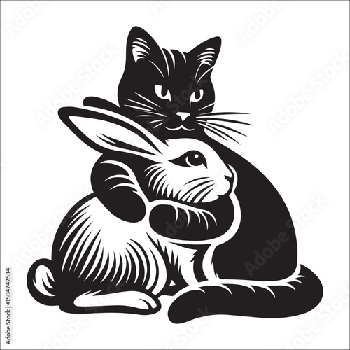 A heartwarming black and white illustration of a rabbit and cat cuddling | This stylized black and white line art image features a rabbit and a cat seemingly embracing.