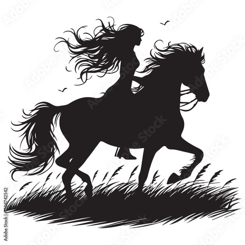 Silhouette of a person riding a horse, editable vector image