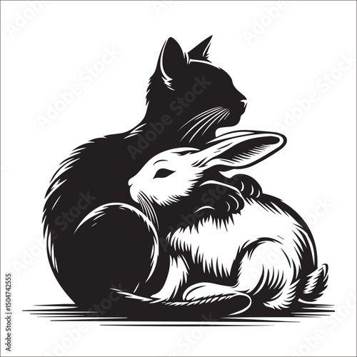 A heartwarming black and white illustration of a rabbit and cat cuddling | This stylized black and white line art image features a rabbit and a cat seemingly embracing.