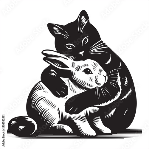 A heartwarming black and white illustration of a rabbit and cat cuddling | This stylized black and white line art image features a rabbit and a cat seemingly embracing.