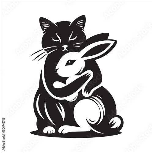 A heartwarming black and white illustration of a rabbit and cat cuddling | This stylized black and white line art image features a rabbit and a cat seemingly embracing.