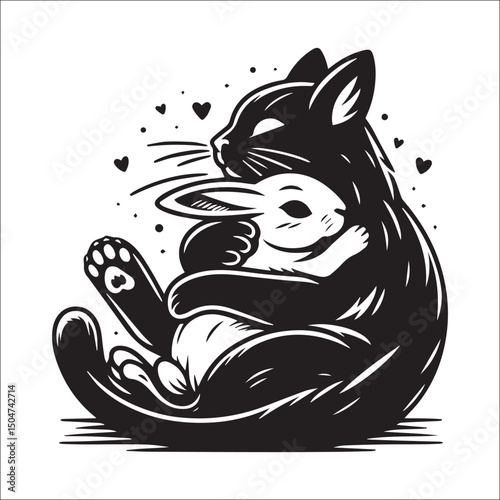 A heartwarming black and white illustration of a rabbit and cat cuddling | This stylized black and white line art image features a rabbit and a cat seemingly embracing.