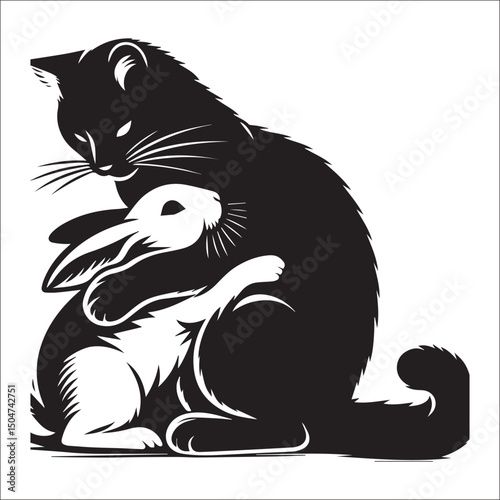 A heartwarming black and white illustration of a rabbit and cat cuddling | This stylized black and white line art image features a rabbit and a cat seemingly embracing.