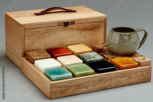 A wooden box with an assortment of colorful soap bars and a ceramic mug perfect for spa or wel