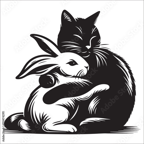 A heartwarming black and white illustration of a rabbit and cat cuddling | This stylized black and white line art image features a rabbit and a cat seemingly embracing.