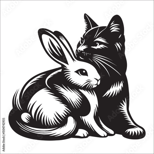 A heartwarming black and white illustration of a rabbit and cat cuddling | This stylized black and white line art image features a rabbit and a cat seemingly embracing.