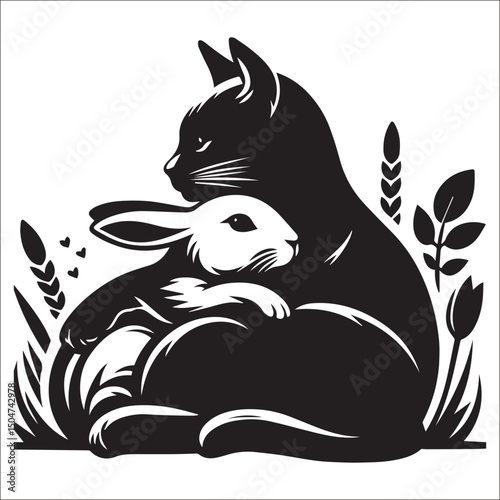 A heartwarming black and white illustration of a rabbit and cat cuddling | This stylized black and white line art image features a rabbit and a cat seemingly embracing.