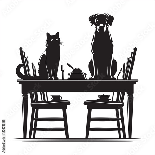 Dogs and Cats Enjoying a Cozy Coffee Date | A black and white silhouette illustration of a dog and a cat seated at a table, enjoying coffee.