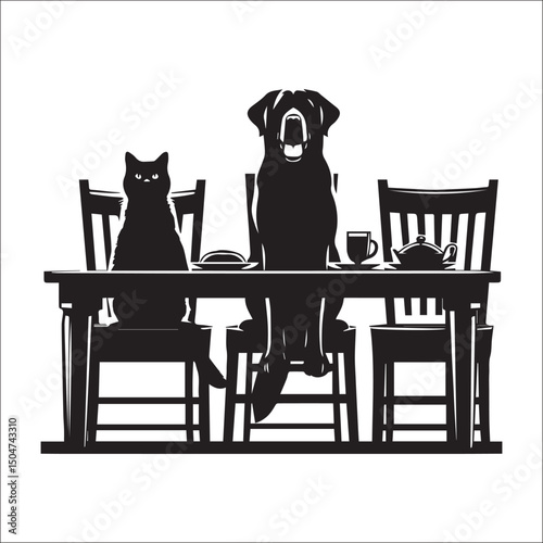 Dogs and Cats Enjoying a Cozy Coffee Date | A black and white silhouette illustration of a dog and a cat seated at a table, enjoying coffee.