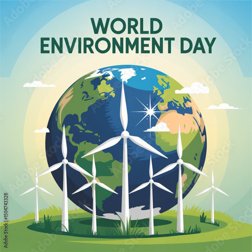 World Environment Day Poster. Earth globe and environmentally friendly power making turbines. Ecological concept. Vector illustration.
