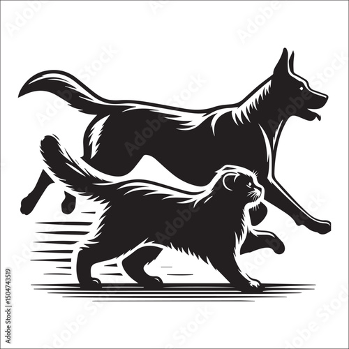 Friendly dog and cat silhouettes in a dynamic pose and run away | Vector Illustration black and white