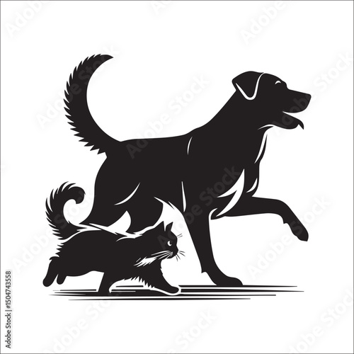 Friendly dog and cat silhouettes in a dynamic pose and run away | Vector Illustration black and white