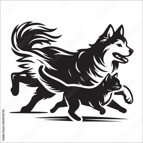 Friendly dog and cat silhouettes in a dynamic pose and run away | Vector Illustration black and white