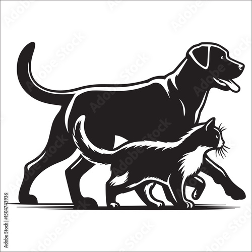 Friendly dog and cat silhouettes in a dynamic pose and run away | Vector Illustration black and white