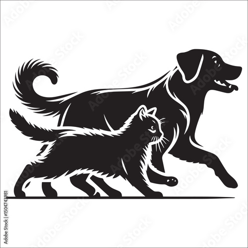 Friendly dog and cat silhouettes in a dynamic pose and run away | Vector Illustration black and white