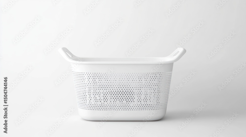 Sleek, minimalistic laundry basket design with clean, smooth lines, isolated against a crisp white background Sleek, minimalistic laundry basket design with clean, smooth lines, isolated against a crisp white background