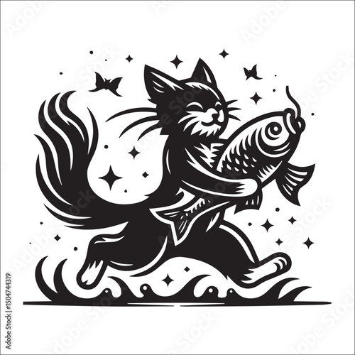A Cat Carrying a Fish in a Dynamic Pose | A stylized black and white graphic illustration of a cat, running swiftly and holding a large fish.