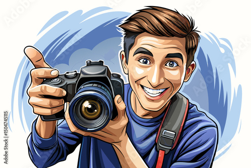 Young Photographer man with camera happy smile look indicate finger vector empty space ad promo advise choice isolated background banner